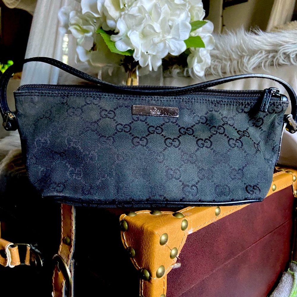Authentic GUCCI Sherry GG Canvas Leather Boat Bag Hand Bag Black